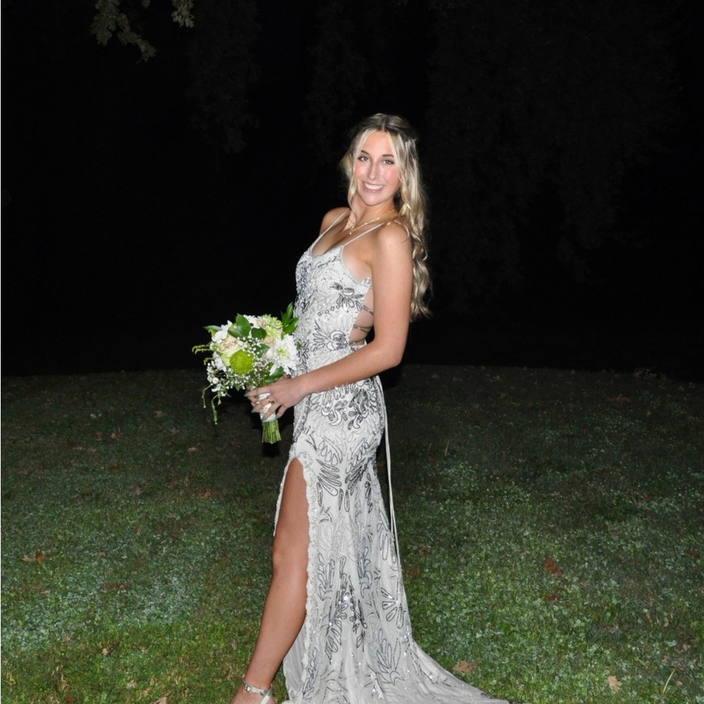 Rachel Allan Metallic Silver Gown